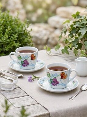 Vintage Pegasus Fine Porcelain Floral Butterfly Teacups Set of 4 Botanical Cup